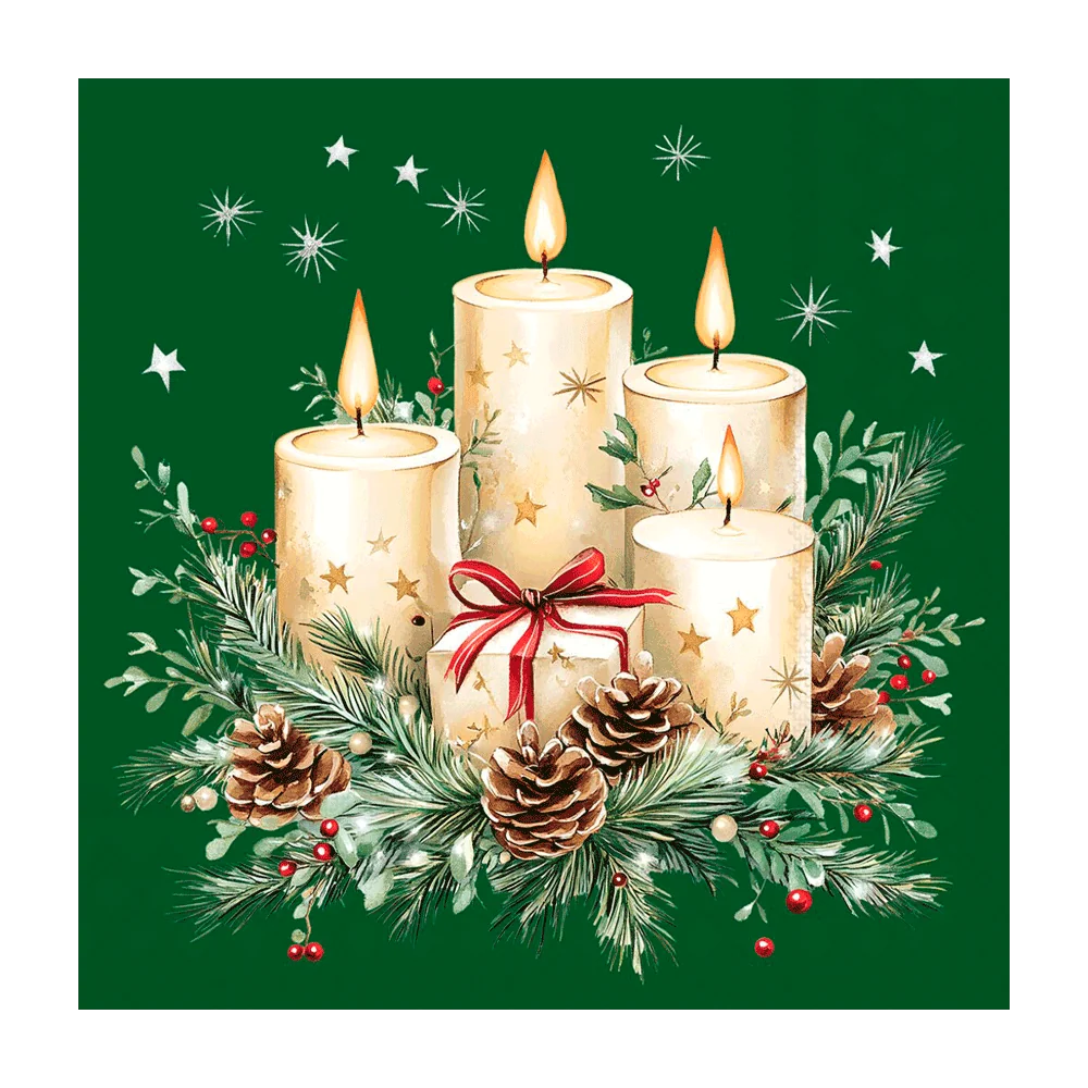 Edelweiss Advent juleservietter 33x33 cm med 4 lys og en pakke på grøn baggrund