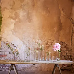 Forskellige størrelser af cylindriske glasvaser med blomster og grene
